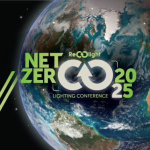 Recolight Net Zero CO2 2025 logo conference on background of glowing Earth.