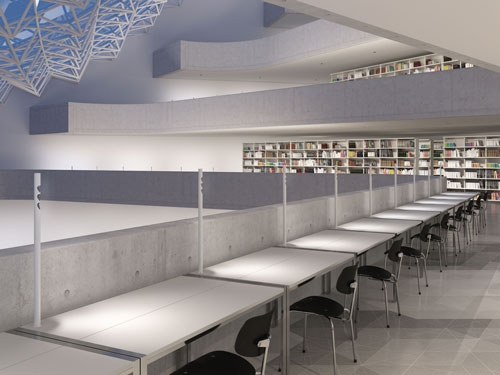 A library with lighting to the desks and walls