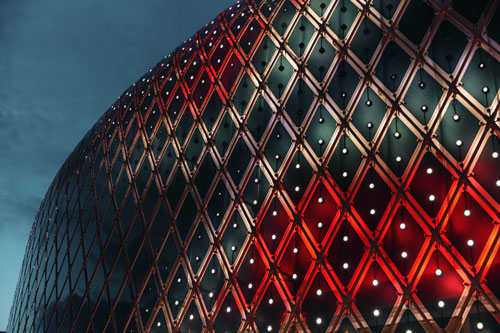 This lighting facade scheme on a pavilion in Switzerland consumes only as much electrical energy as it’s capable of producing.