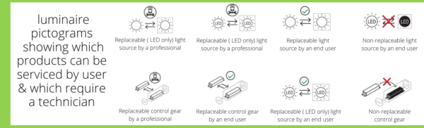 luminaire pictograms showing which procucts can be serviced by end user and which require a technician_recolight webinar_lighting and the circular economy