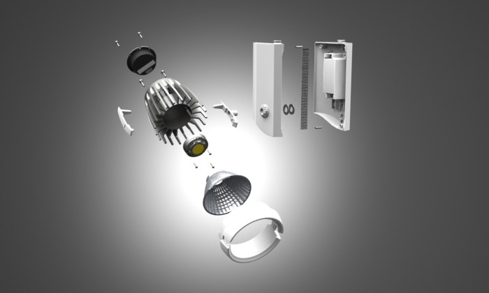 An exploded view of a spotlight